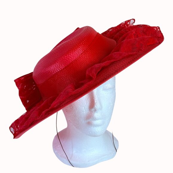 Vintage Wide Brimmed Derby Hat Red Flat Top Lace Bow Dramatic Silhouette - Picture 1 of 14